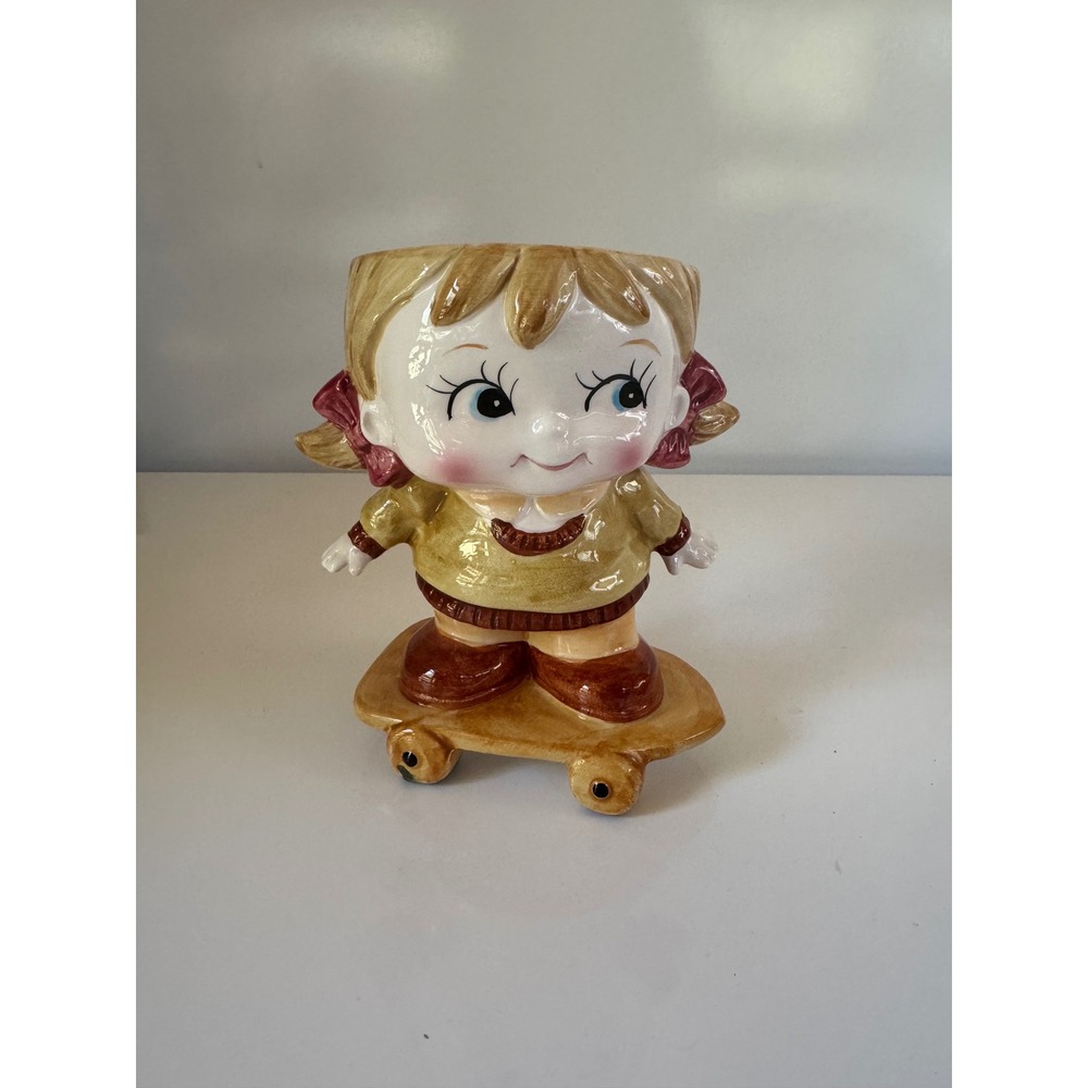 Vintage Ceramic Girl on Skateboard Head Vase Planter Pigtails Retro Kitsch 6in